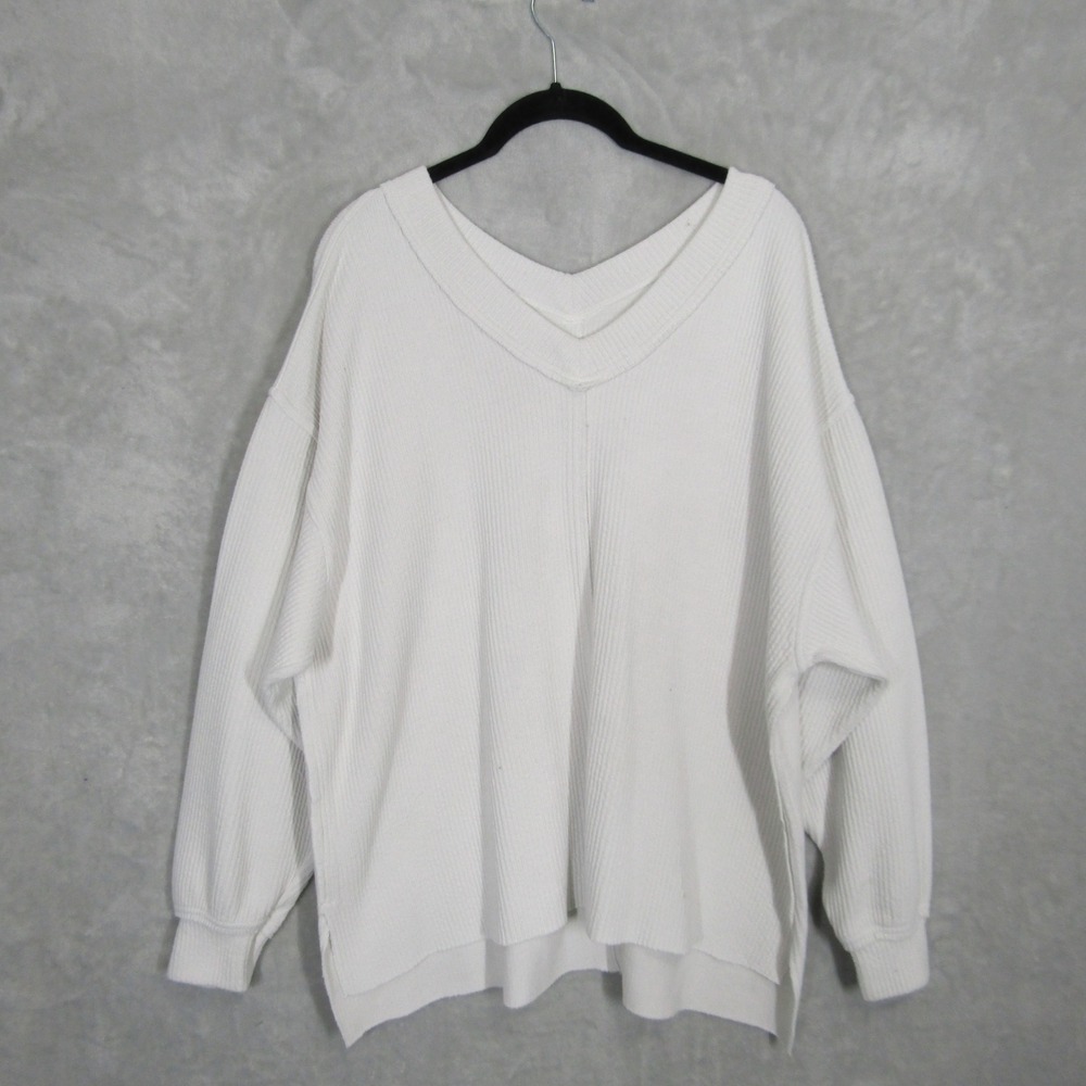 Aerie White Ribbed V-Neck Oversized Pullover Sweater Womens Size S Small